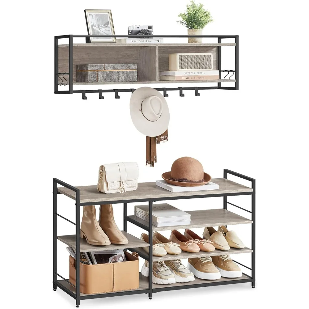

Hall Tree with Shoe Bench, Coat Rack Shoe Bench Set, Entryway Furniture, Multifunctional, 12 Metal Hooks, 4-Tier Shoe Ra