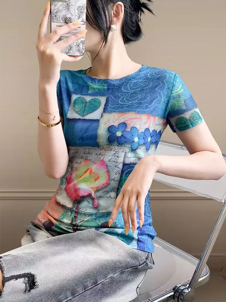 أنيقة عادية الاتجاه شارع العليا الإناث تي شيرت الربيع الصيف امرأة S-3XL قصيرة الأكمام المطبوعة الزهور شيك القمم الفن التجريدي