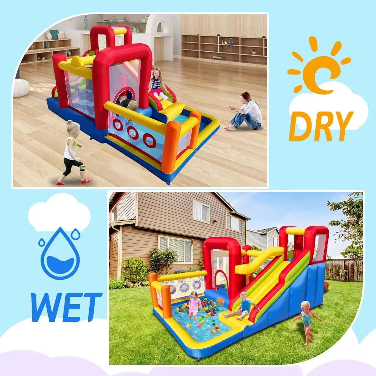 Inflatable Bounce Castle with Blower for Kids, Blow Up Jumping Bouncer with Slide, Climbing Wall, Obstacles, Tramp