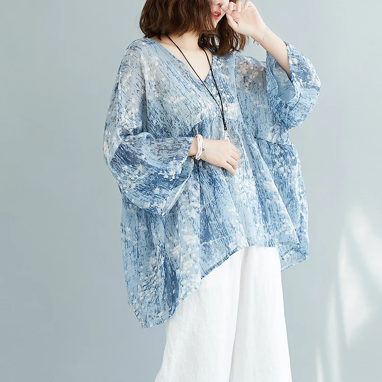 เสื้อยืดผู้หญิงไซส์ใหญ่ คอวี พิมพ์ลาย หลวม ปิดหน้าท้อง ผ้าฝ้ายผสมโพลีเอสเตอร์ แฟชั่นฤดูร้อน สวมใส่สบายๆ