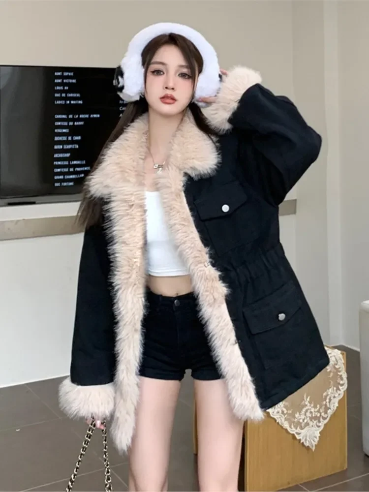 

Fleece Denim Fur Jackets Women 2023 Winter Large Faux Fur Collar New Korean Fashion Casual Loose Overcoats Female Warm Outwears