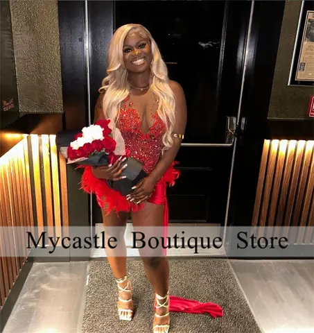 8 best sales röd fjädercocktailklänning - №8