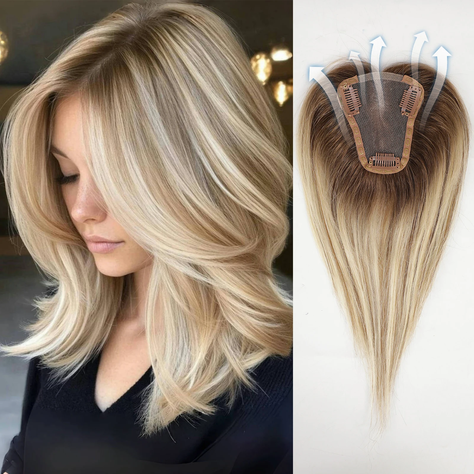 

Коричневый блондин, топпер для волос для женщин, человеческие волосы, шелковая основа, средняя часть, омбре, коричневый зажим для волос, 12 дюймов, кусочки волос