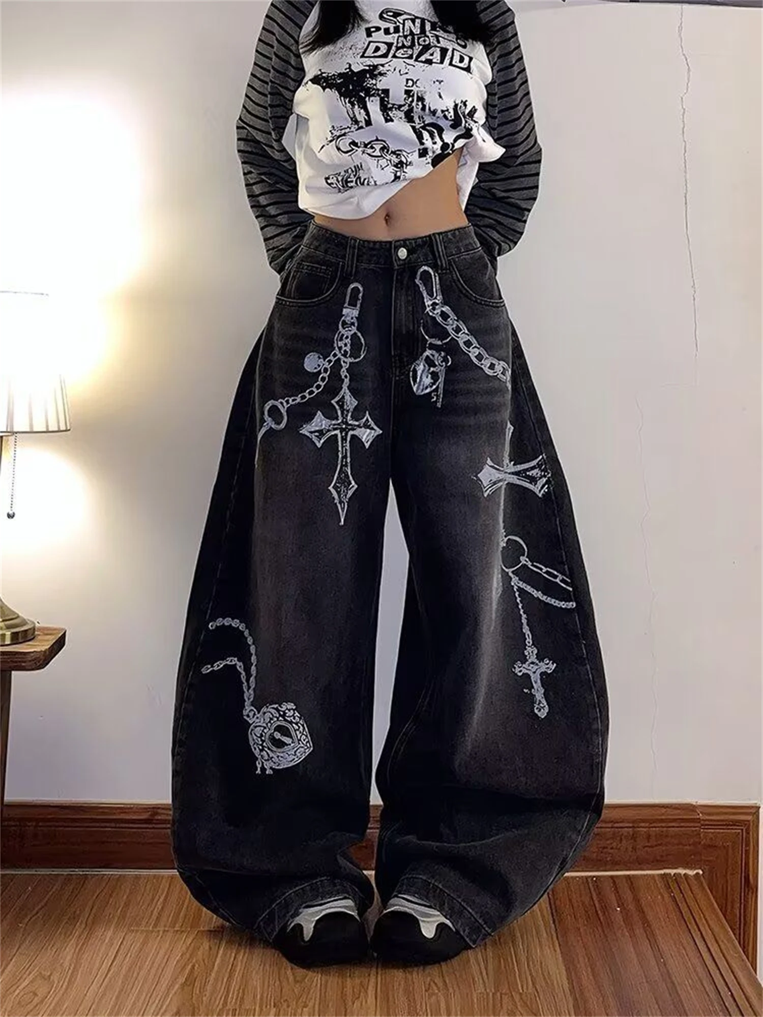 

Women's High Waist Wide Leg Black Jeans Cross Chain Heart Lock Print Vintage Washed Gothic Y2K Streetwear Loose Denim Trousers