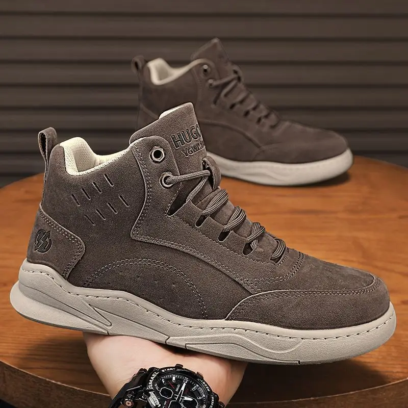 Men 2026 Spring New Vintage British Style Work Boots Thick Sole Height Increasing High Top Casual Sport Tactical Hiking Shoes