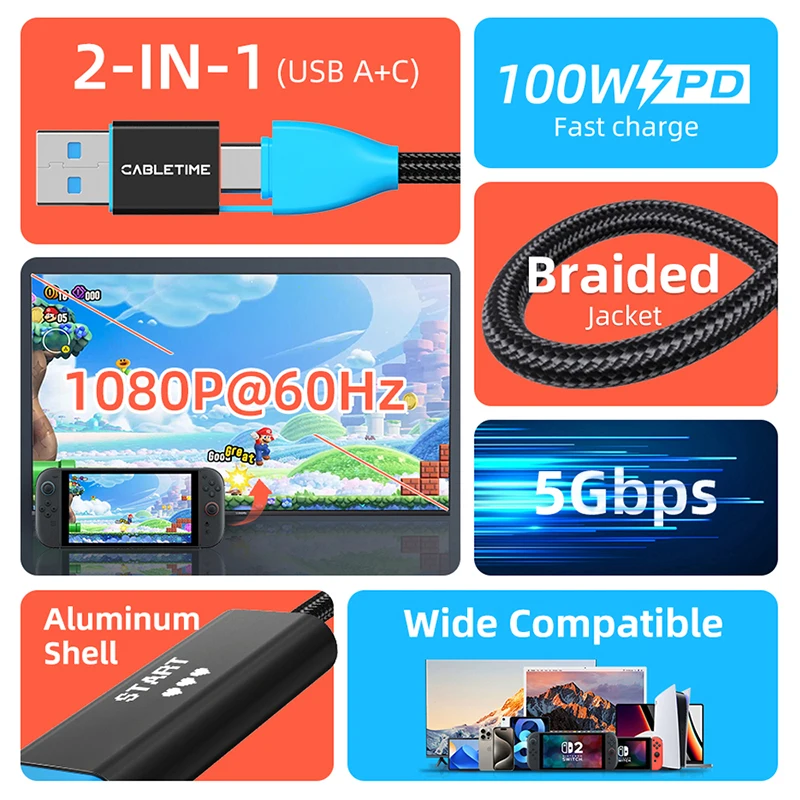 CABLETIME 2 IN 1 USB A/C to USB C Cable 1080P@60Hz 60FPS Capture Cable 5Gbps PD100W Fast Charge for Switch Laptop