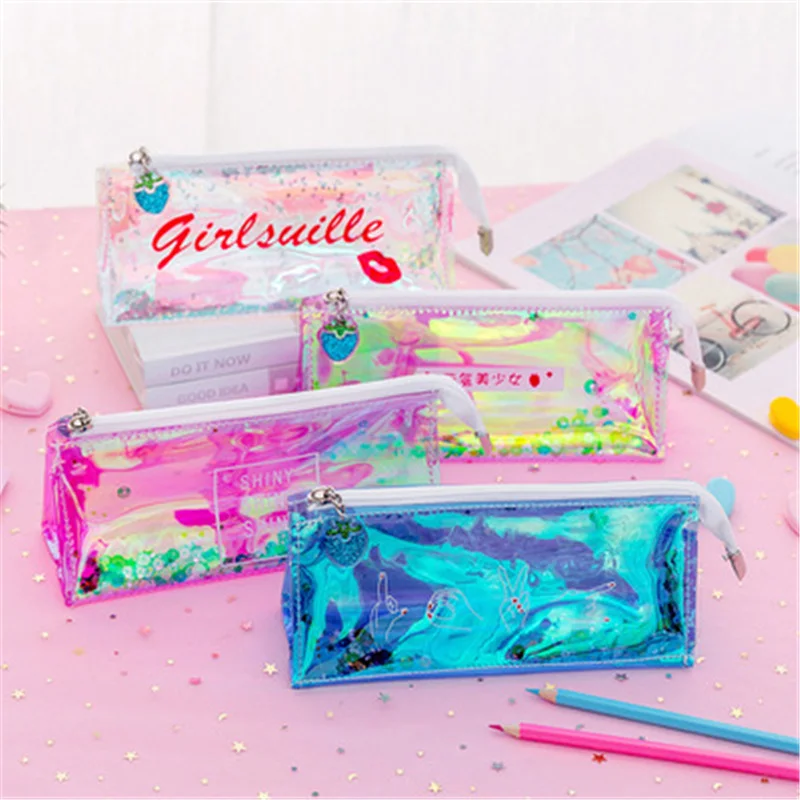 Laser quicksand colorful PVC pencil bag girl cute pencil case school supplies storage bag student large capacity stationery bag
