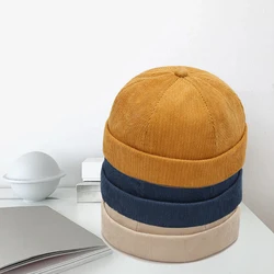 Fashion Hip Hop Hats Brimless Skullies Caps For Men Beanie Hat Vintage Men's Caps Corduroy Solid Color Street Landlord Hat