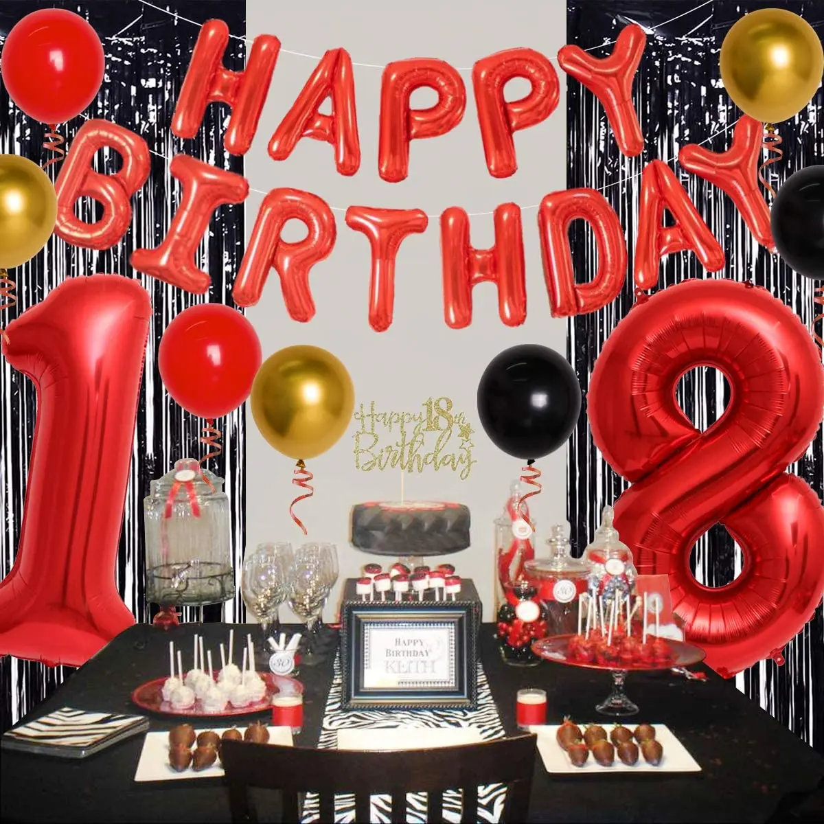 Red and Black 18th Birthday Party Decorations with Number 18 Foil Balloon Cake Topper and Curtain for Boys Girls 18th Birthday