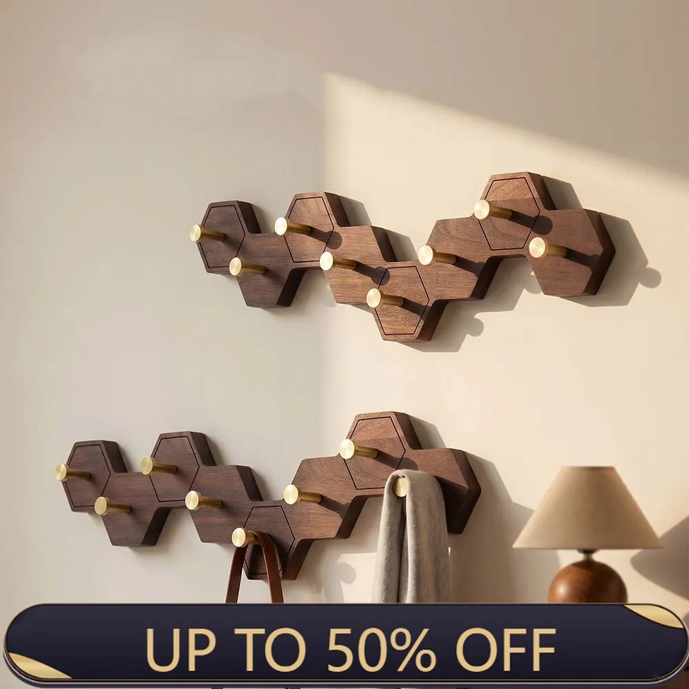 Retro Honeycomb Solid Wood Wall Hooks 4/6/8 Brass Hooks Coat Rack Walnut/Cherry Wood Entryway Clothes Wall Hanging Home Decor