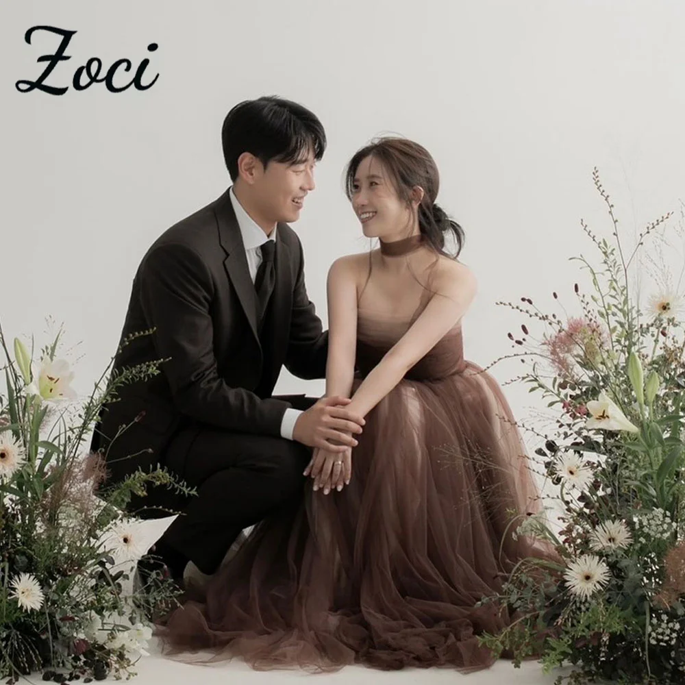 

Zoci Fairy Tulle Brown Korea Wedding Photos Shoot Dresses Sleeveless Piano Performance Dress Customized A Line Formal Party Gown