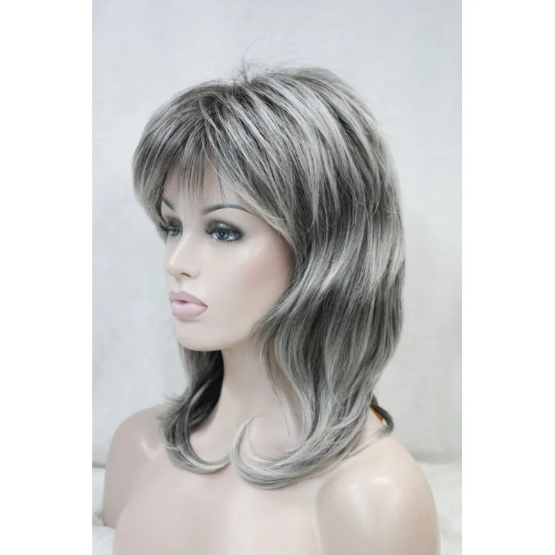 New women& # x27;s wig medium length grey layered shoulder long synthetic hair full wig