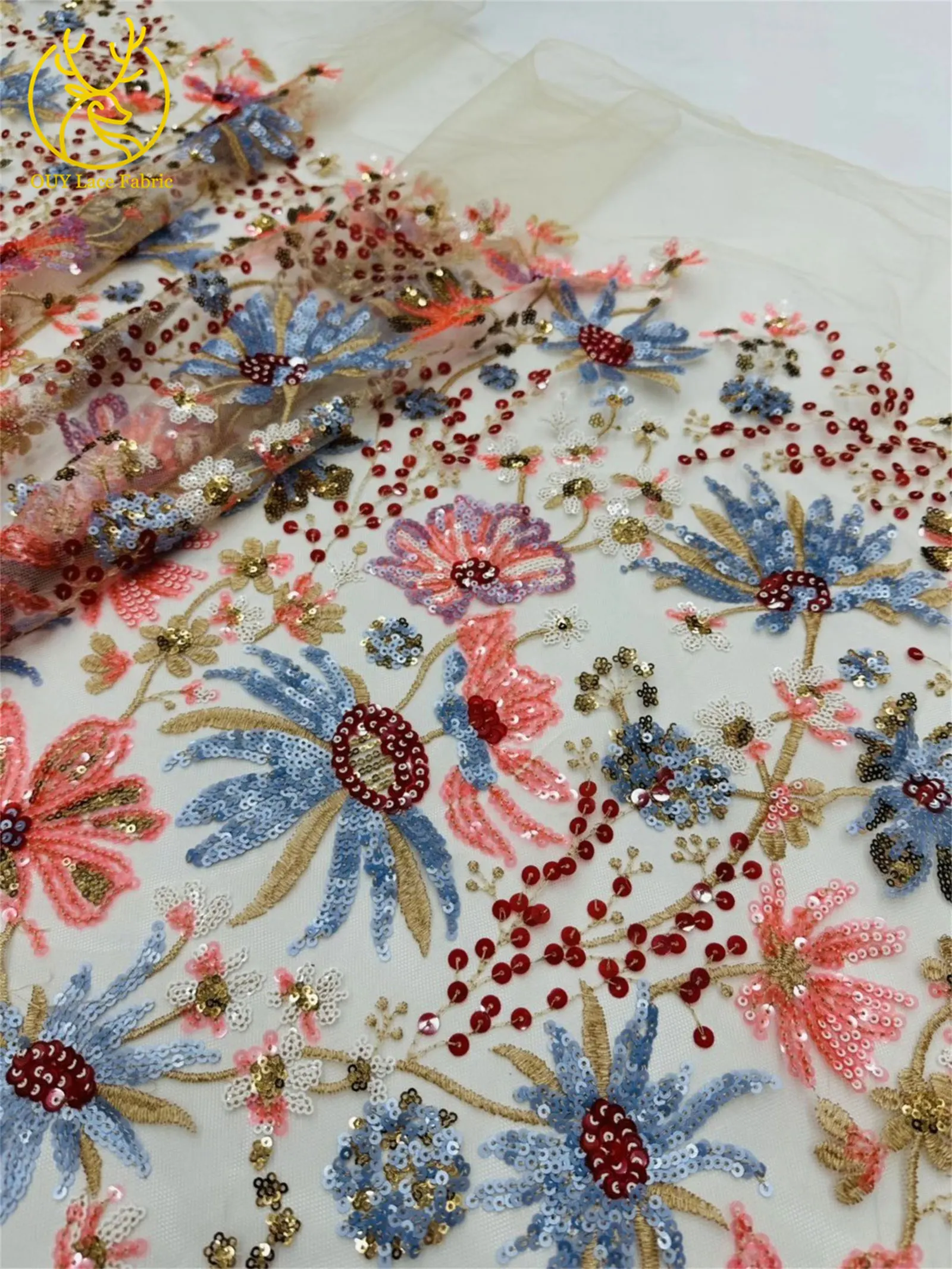 5 Yards des neuesten afrikanischen Pailletten bestickten Spitzenstoffs, hochwertiger französischer nigerianischer Mesh-Tüll-Spitzenstoff, Partykleid – Detail 16