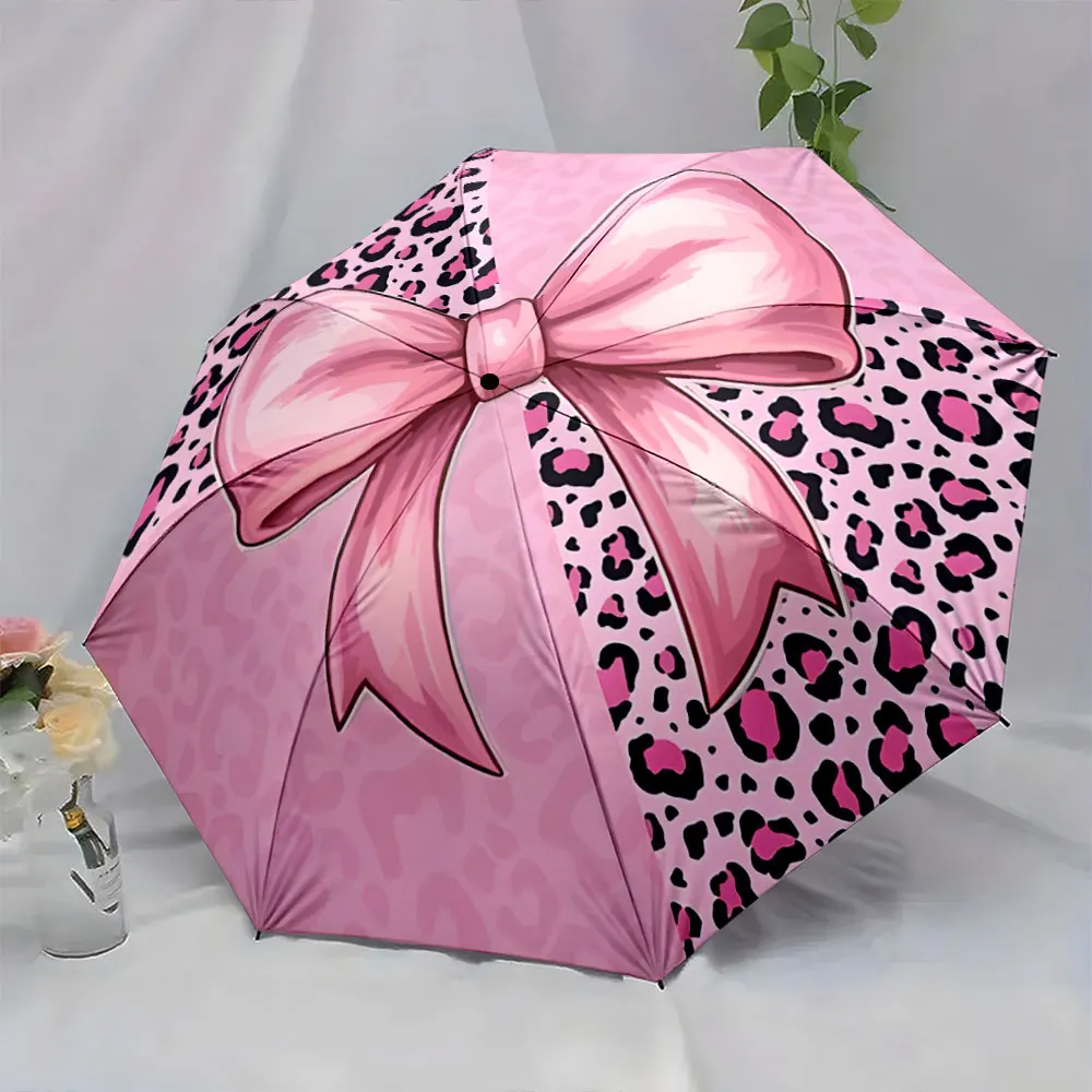 1PC Pink Bow and Leopard Print Umbrella Design Print 8 Iron Ribs Folding Umbrella Auto-Open Fashion Sunshade