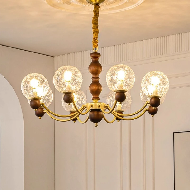 

French Retro Wooden Copper Ceiling Chandeliers LED E14 Gold Lustre Glass Ball Pendant Light Living/Model Room Bedroom Restaurant