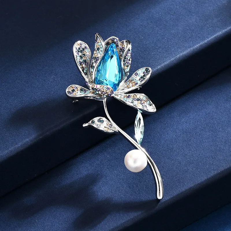 Summer New Elegant Luxury Micro-inlaid Color Zircon Elegant High-end Freshwater Pearl Blue Orchid Brooches for Women Jewelry Pin