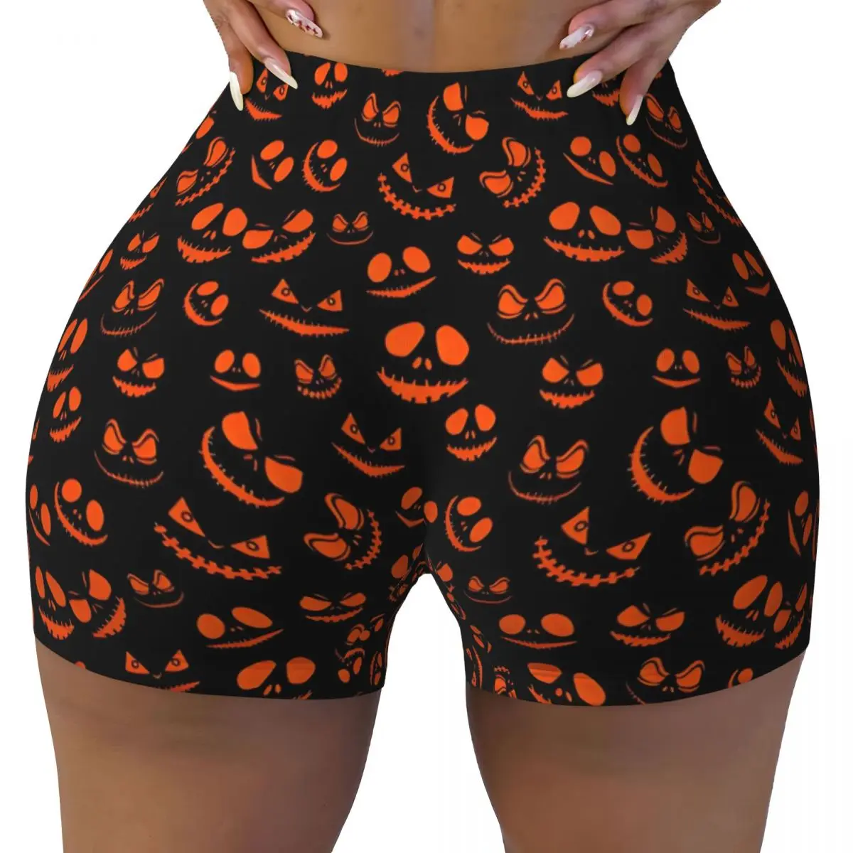 Custom Spooky Monster Eyes In The Dark Halloween Party Hollow Volleyball Biker Workout Shorts for Women Athletic Gym Yoga Shorts