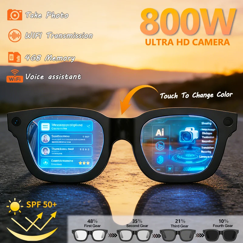 

Очки с камерой AI 4K, новая версия, запись HD-видео 800W, распознавание фото с ИИ, перевод, Bluetooth-звонки, голосовые функции, солнцезащитные очки
