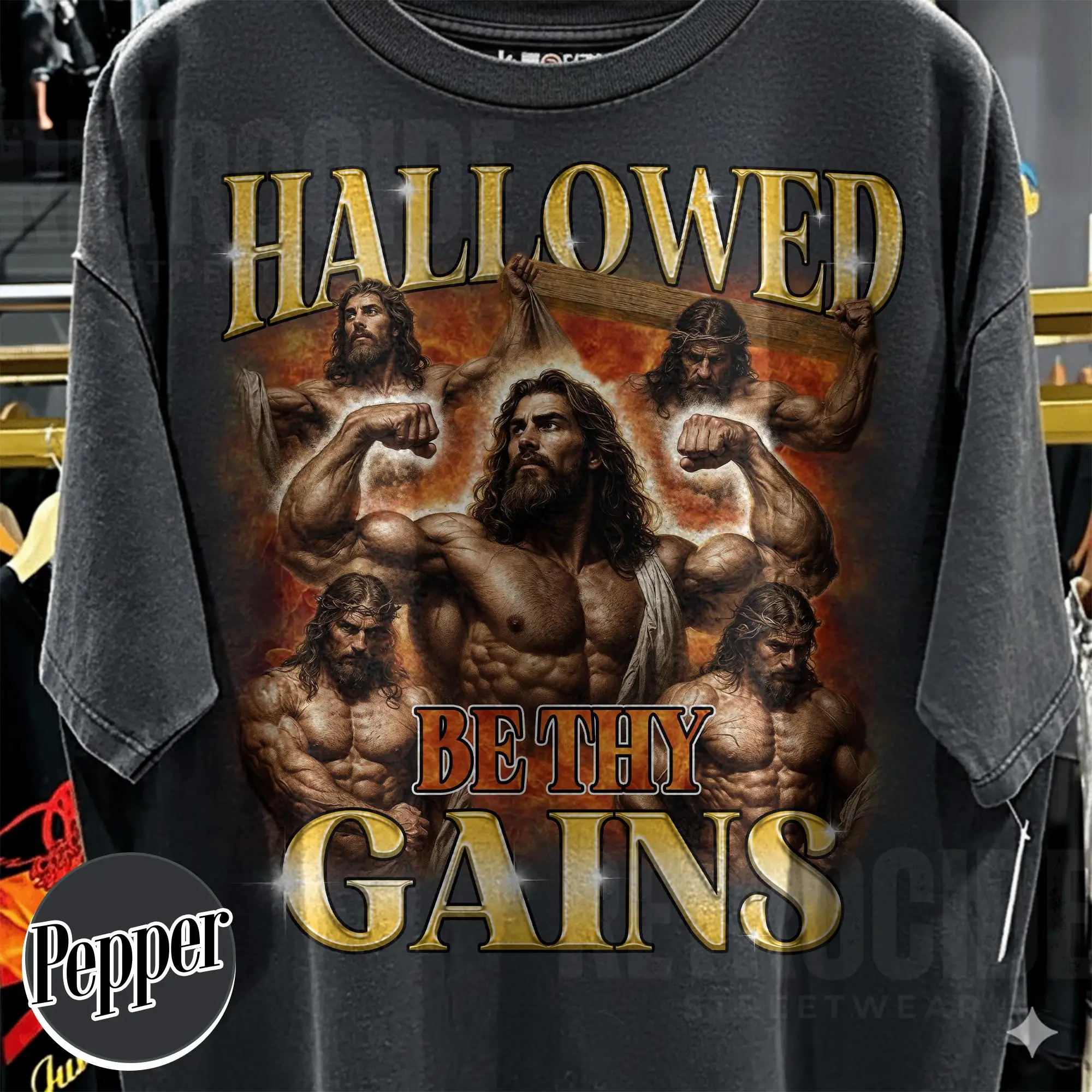 Hallowed Be Thy Gains Vintage 90er Jahre T-Shirt, Retro Grafik Pump Cover Shirt, Lustiges Jesus Shirt, Gym Meme T-Shirt, Übergroßer Christ