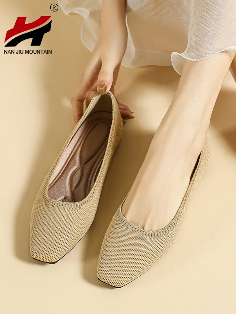 Spring Autumn New Fashion Casual Flat Soft Sole Shallow Mouth Single Shoes Knitted Pointed Low Heel Women\'s Shoes