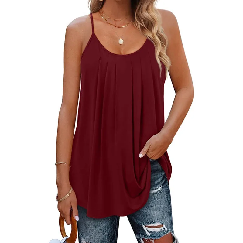 2026 Women's clothing T-shirts Women's Casual Summer Shirt Folded Round Neck Lock Hole Loose Top camisoles woman vests tops