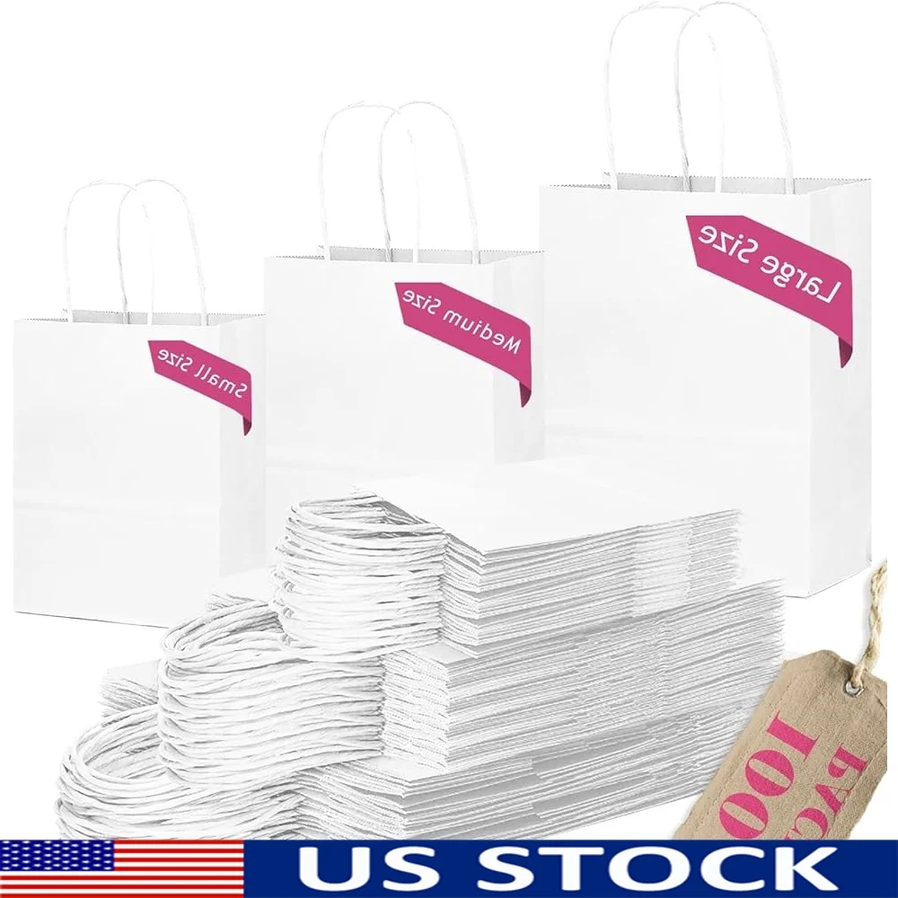 

100 White Paper Gift Bags Bulk Set with Handles Weddings Birthdays Baby Showers Party Favor Bags