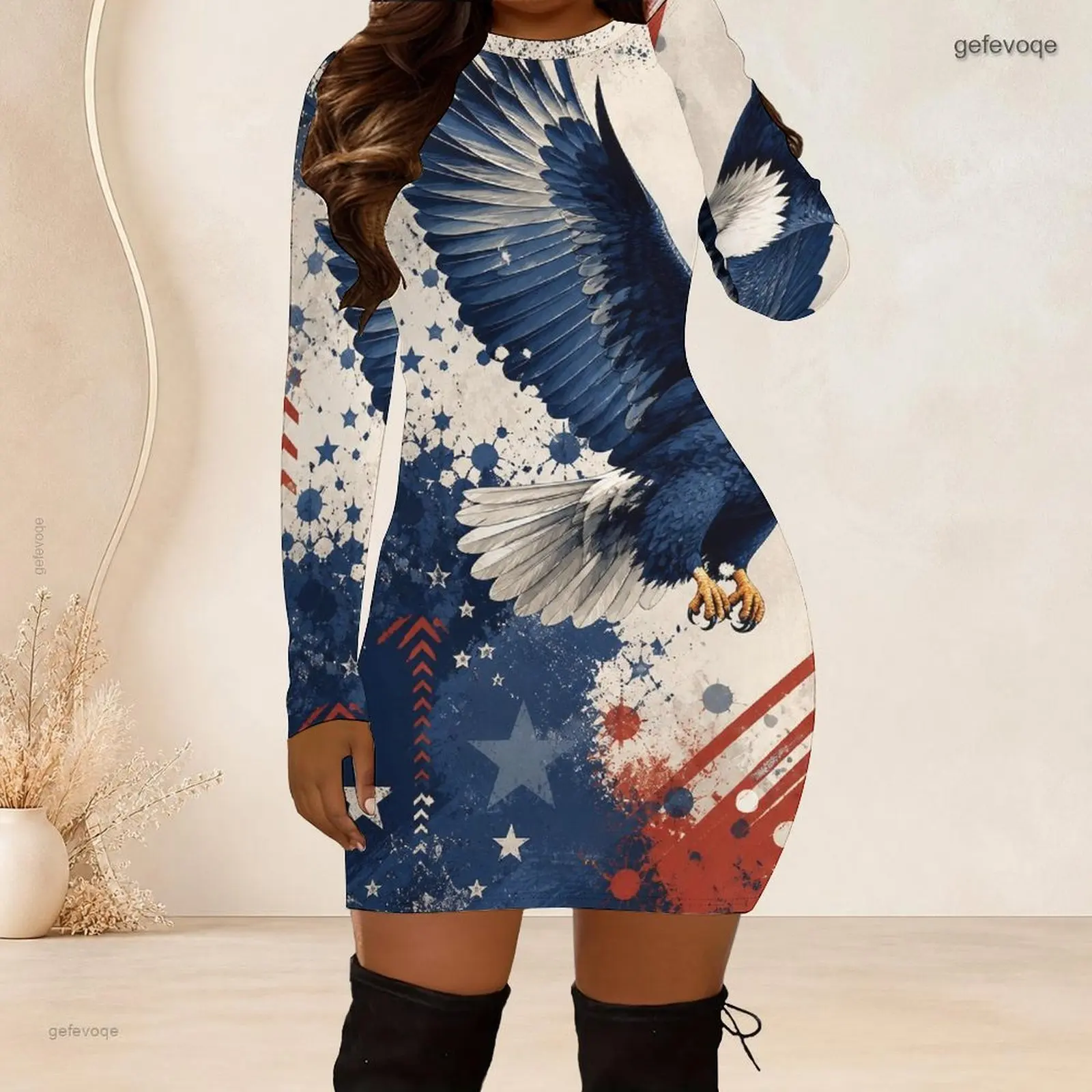 Women Crew Neck Long Sleeve Bodycon Mini Dress Slim Fitted Pencil Short Dress Custom Print Ladies Club Party Dresses