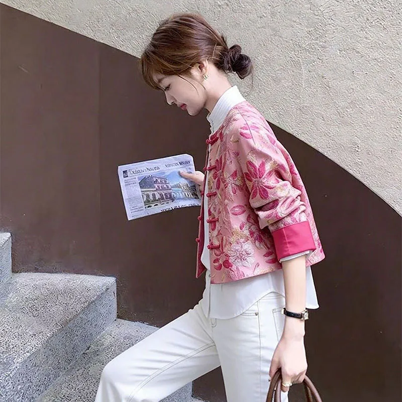 Chinese Style Floral Embroidery Jacket Women 2026New Spring Mandarin Collar Frog Button Short Coat Vintage Pink Oriental Outwear