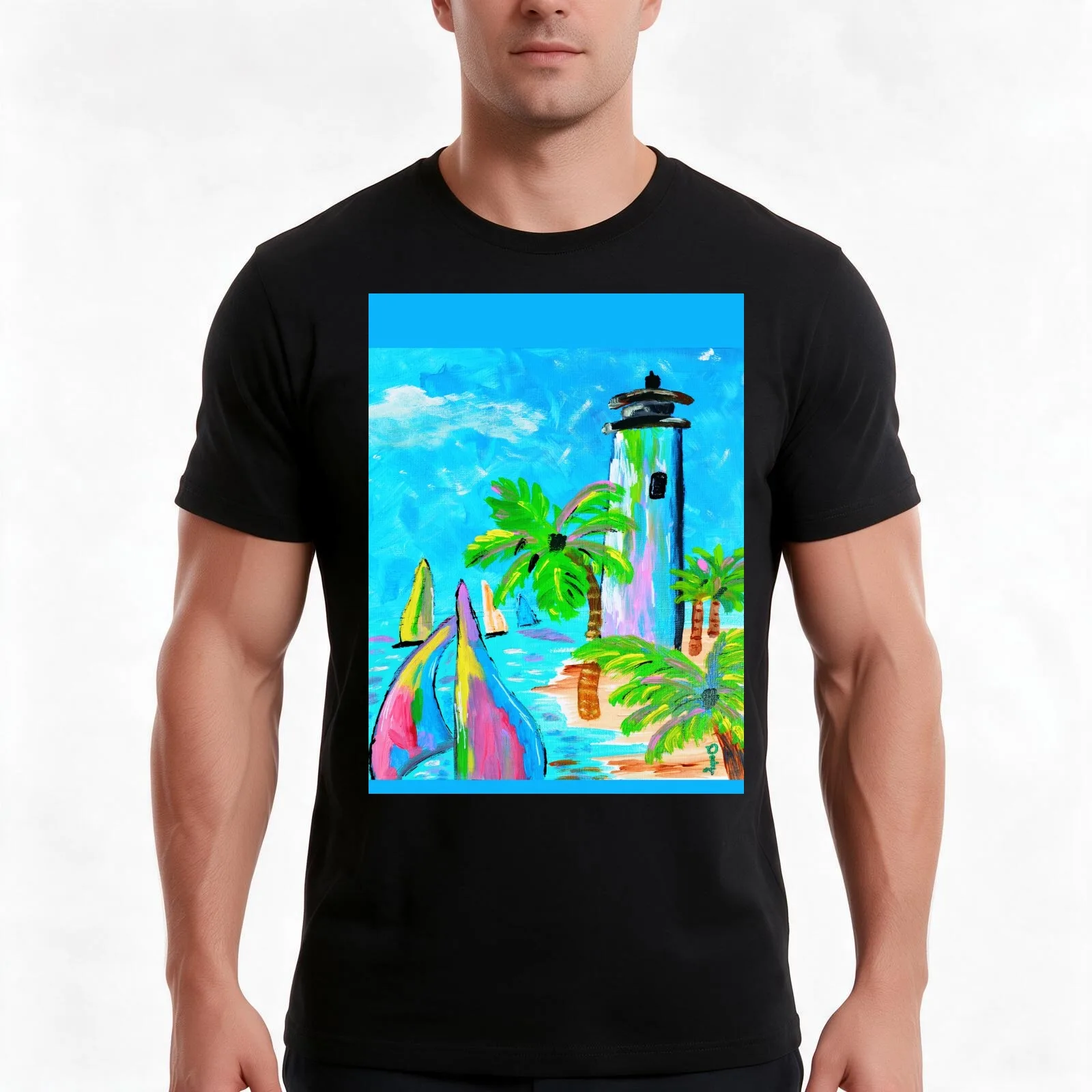 Colorful Lighthouse - Original artwork Dody Denman T-Shirt Summer Casual Cotton Tee Oversized Streetwear Tops 100% Cotton