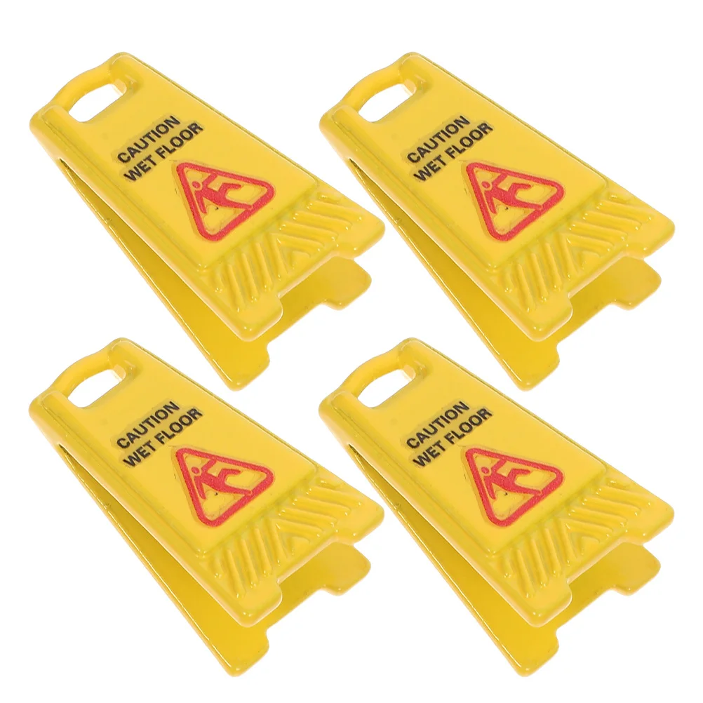 4 szt. Mini znaki ostrzegawcze: Podłoga mokra, ostrzeżenie przed poślizgiem, do domku dla lalek, bajkowego ogrodu, dioramy, plastikowe akcesoria, nie na pilota.