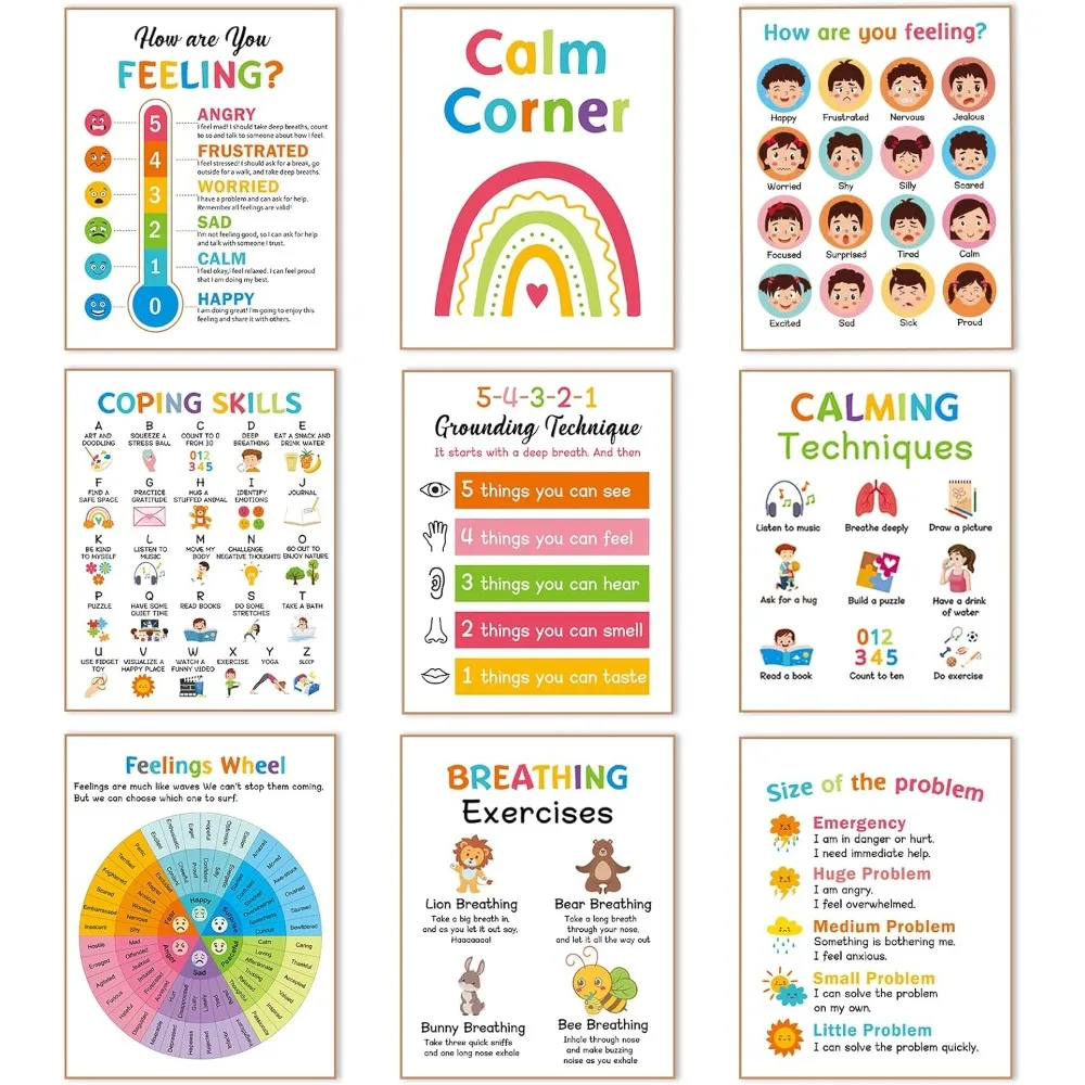 

9 Calming Corner Posters, Feelings Chart for Kids, Calm Down Corner Mental Health Posters, Preschool Classroom Educational Poste