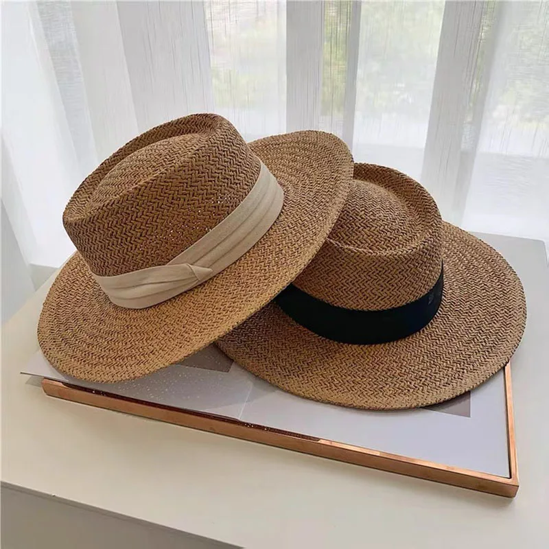 Handwoven straw hat ladies summer sunshade beach hat British vintage flat top panama hat sun hats for women raffia hat MAXSITI U