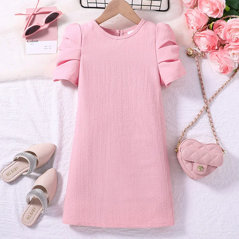 Fashion For 4-7Ys Kids Outfit Pink Short-Sleeved Dress Summer Daily Casual Vacation Holiday Preppy Style Children Clothing