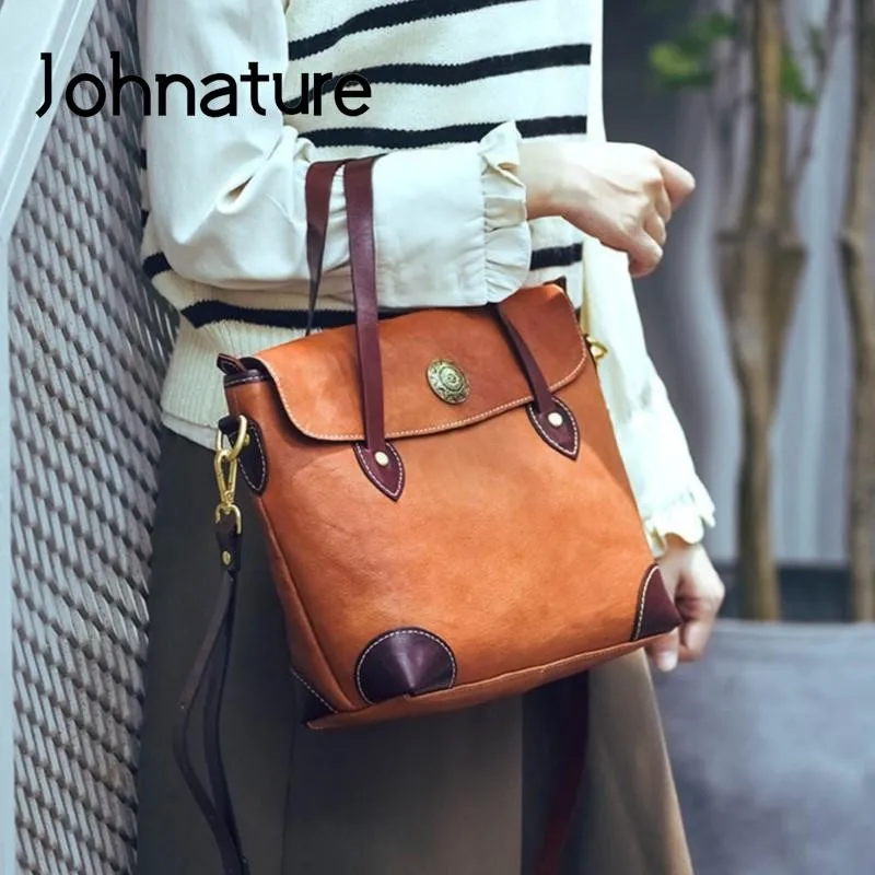 Johnature Hand Painted Vintage Roman Bag 2024 New Genuine Leather Simple Women Handbag Natural Real Cowhide Shoulder Bags