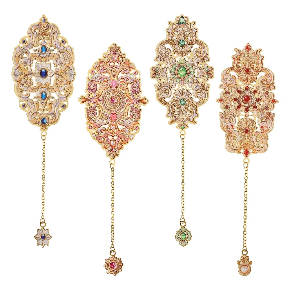 1 paquet de marque-pages en métal baroque vintage, grand design de pierres précieuses ajourées avec pompons de chaîne ornés, accessoires de lecture élégants