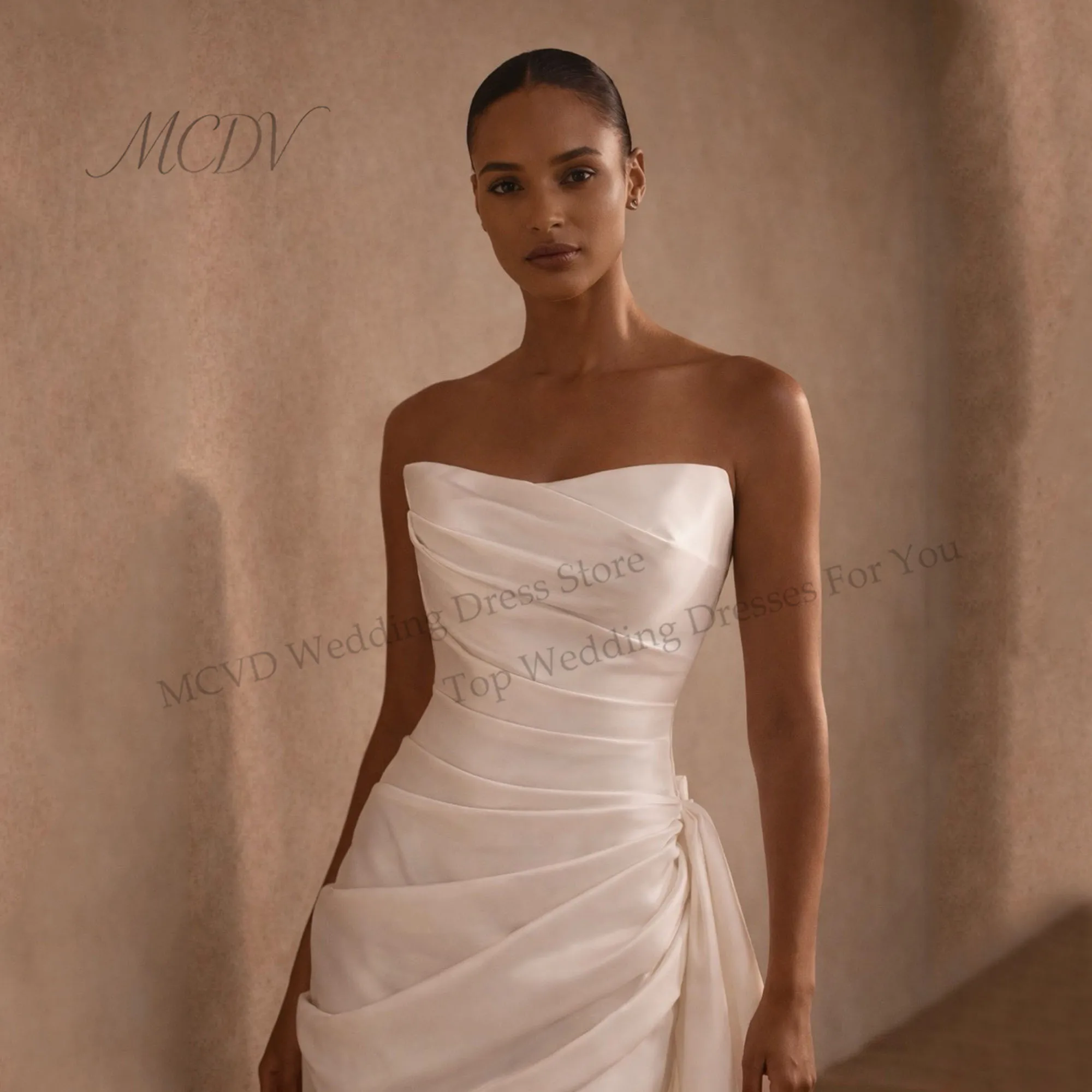 Satin Mini Wedding Dress Strapless Short Bride Gowns Sheath Elegant Bridal Gowns Vestido De Noiva Casamento Civil Customized