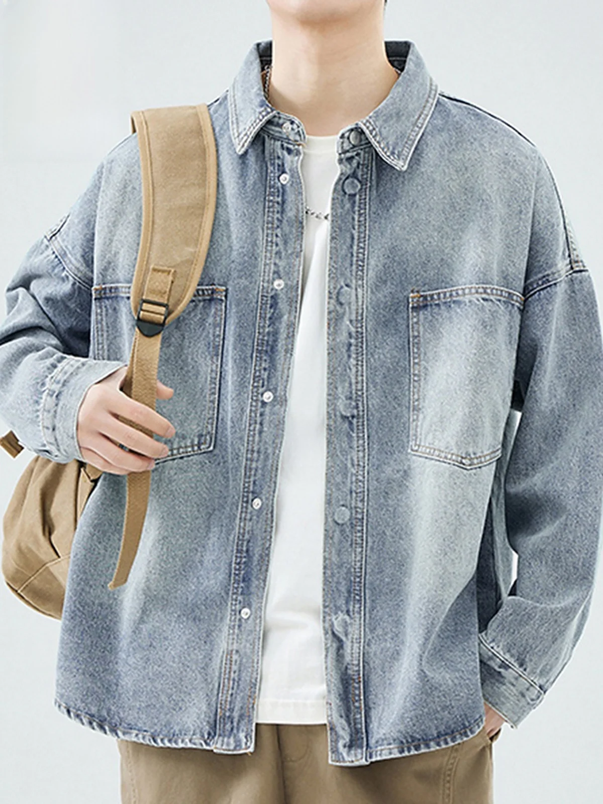 

Men's Cotton Jaet American Retro Denim Loose Casual Outerwear Windproof Long Sve Flip Collar Single Button Closure