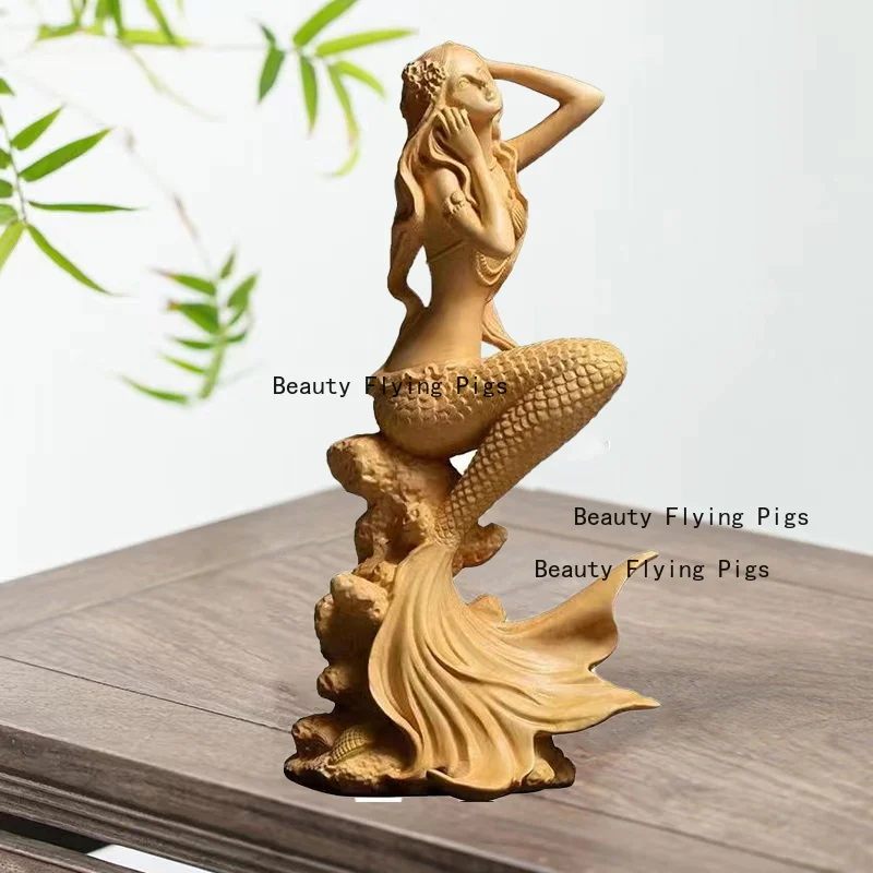 

15cm high natural solid wood mermaid statue dreamy figure semi handmade carving cute home decoration