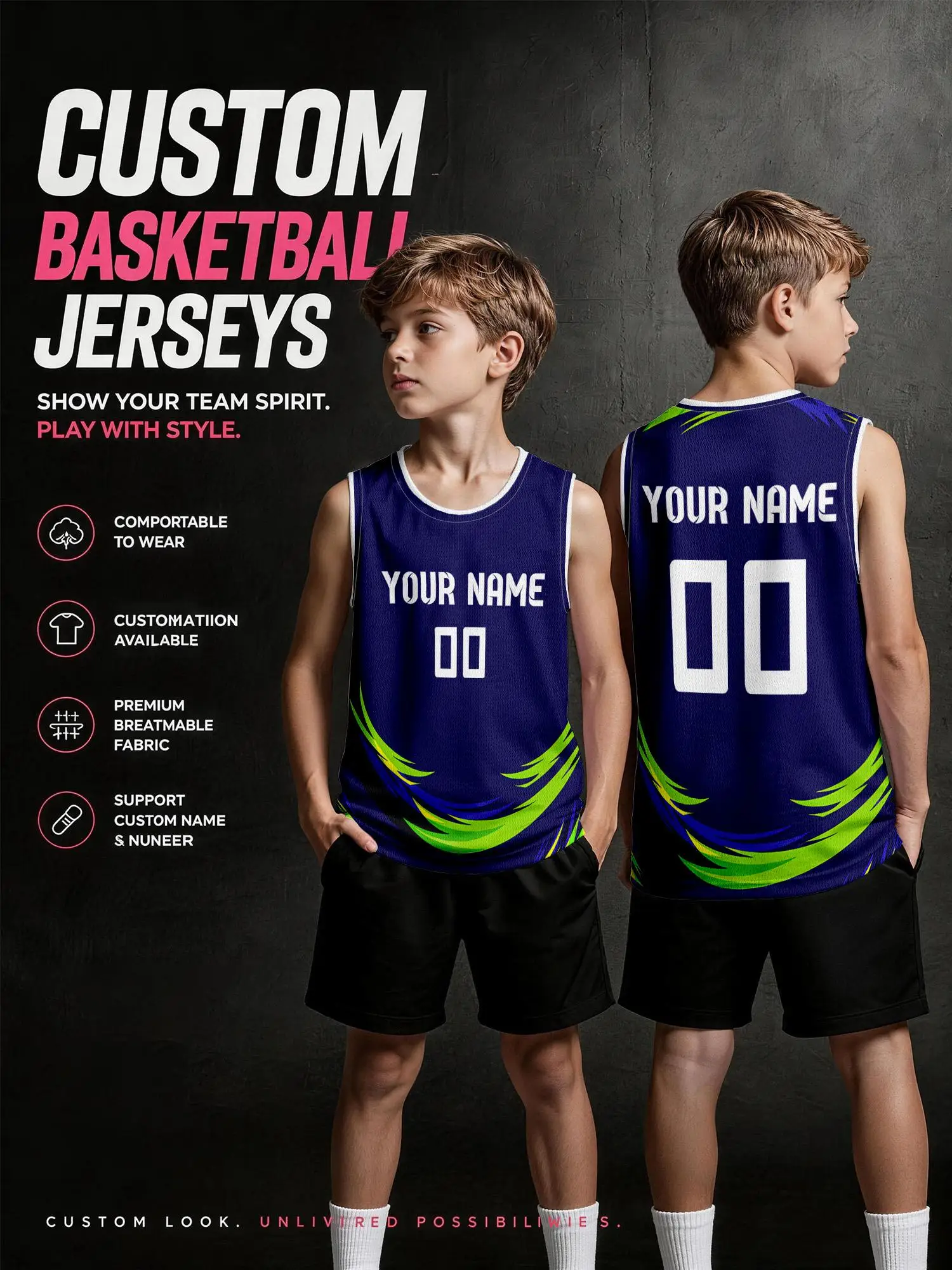 Kids Navy Neon‑Green Graphic Custom Basketball Jersey Set, Personalized Name & Number, Breathable Mesh Youth Sports Tank Top