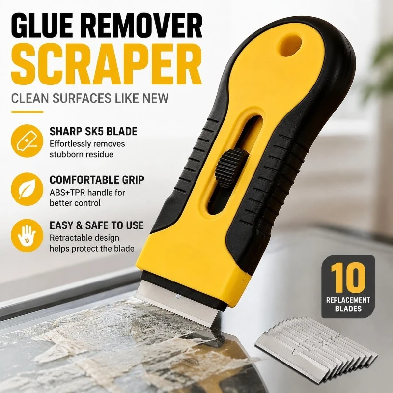 Glue Remover Scraper with 10 Replacement Blades, ABS+TPR Handle Cleaning Tool for Sticker and Label Residue