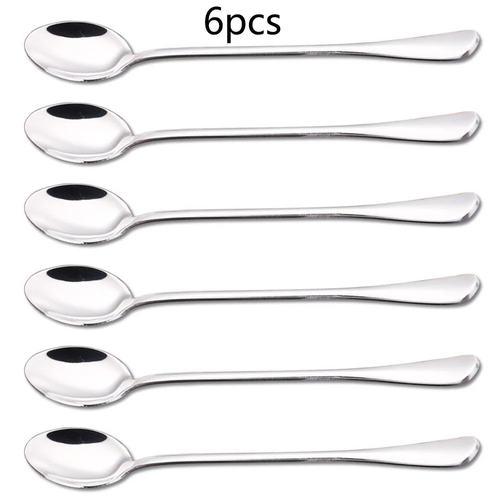 6PCS Stainless Steel Coffee Spoon Long Handle Ice Cream Dessert Tea Spoon For Picnic Drinkware Tableware Kitchen Set Supply