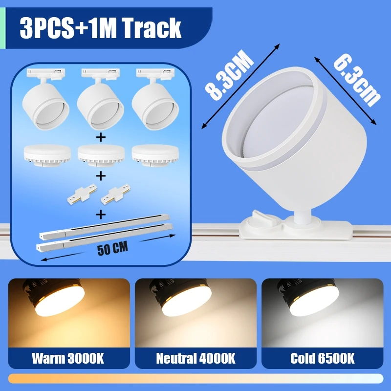 GX53 tracklamp 3-kleuren spotlight AC85-265V woonkamer slaapkamer winkel kroonluchter draaibare downlight keuken huisverlichting