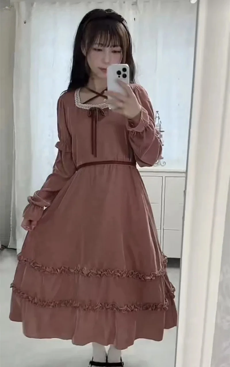 Japanese Style Original Woven Lace Collar Long Sleeve Dress Sweet Autumn New Sweet Girl High Waist Puffy Velvet Maxi Dress