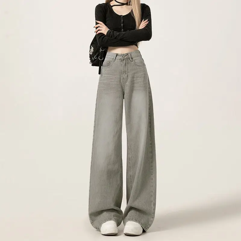 

Mocha gray wide-leg pants that cover the hips, American style, slimming for women2025High-waisted versatile jeans for young peop