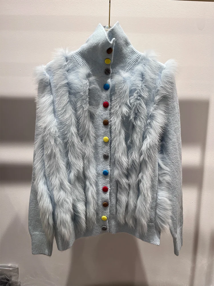 2025 New Fashion Women Autumn Real Fox Fur Knitted Cardigan Spring Long Sleeve Special Design Sweater Female Luxury Jackets