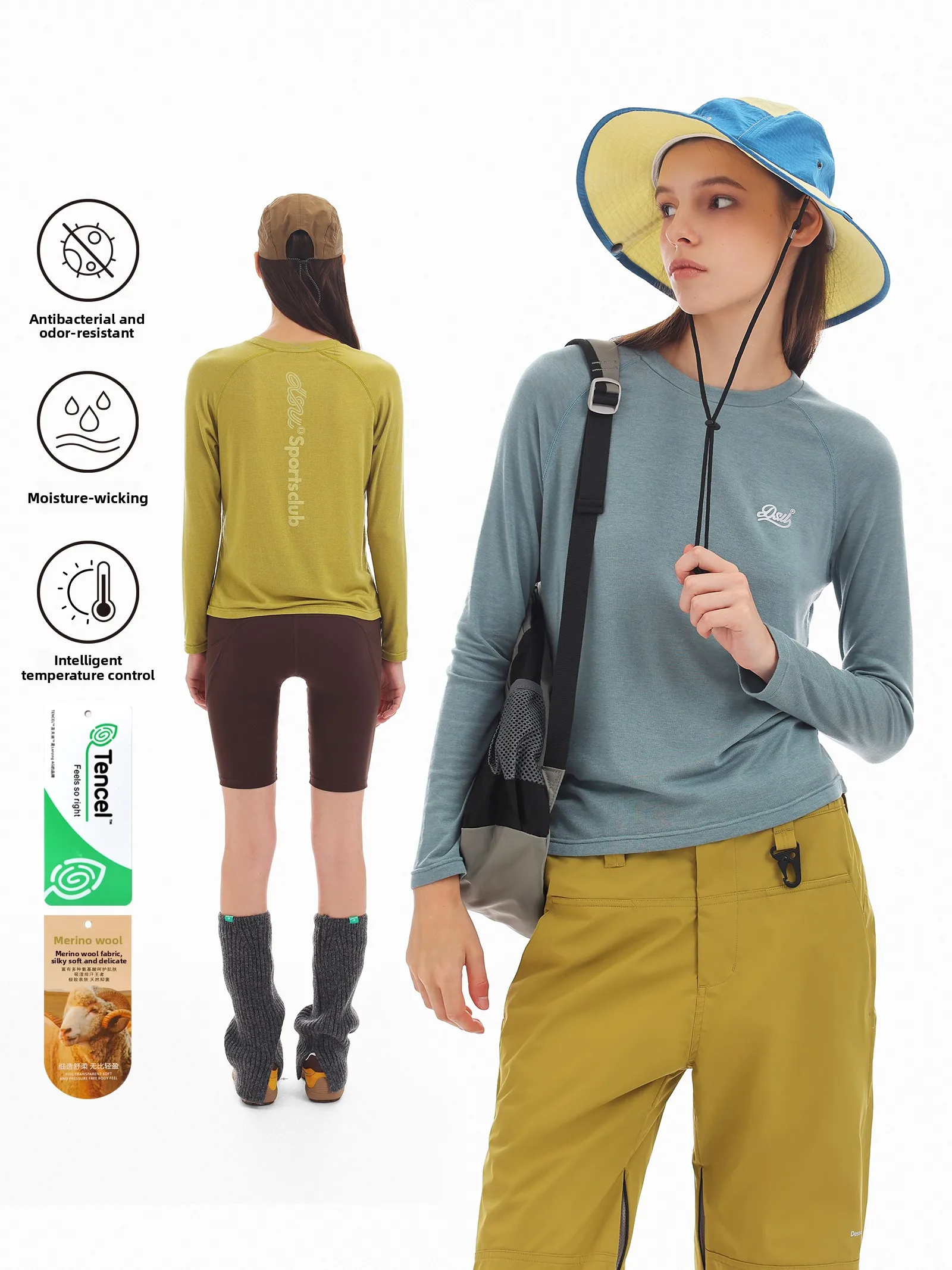 DSU Women's Long Sleeve round Neck T-Shirt Wool Lyocell Fitness Top Cool Sensation Sun Protection Sporty Style Quick Dry Anti...