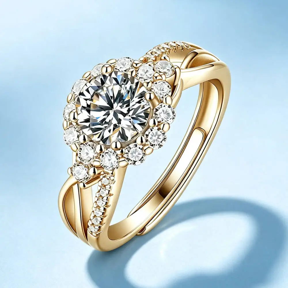 925 Sterling Silver 1CT Halo Twist Split Pave Adjustable Ring D VVS1 Moissanite Multi Tone Engagement Fine Jewelry For Women