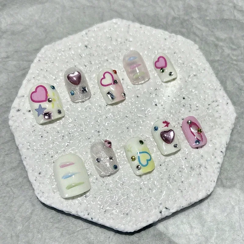 10 قطعة الماس الحب الأصفر اليدوية قصيرة الصحافة على الأظافر مانيكير ريترو لطيف Y2k الأظافر وهمية الدوبامين رسمت باليد مسمار الفن #2