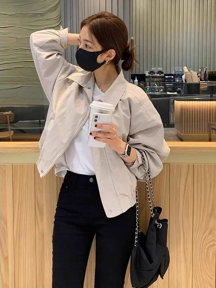 

2025 Autumn New Women's Short Cargo Jacket Windbreak Coat Trench Loose Casual Coat