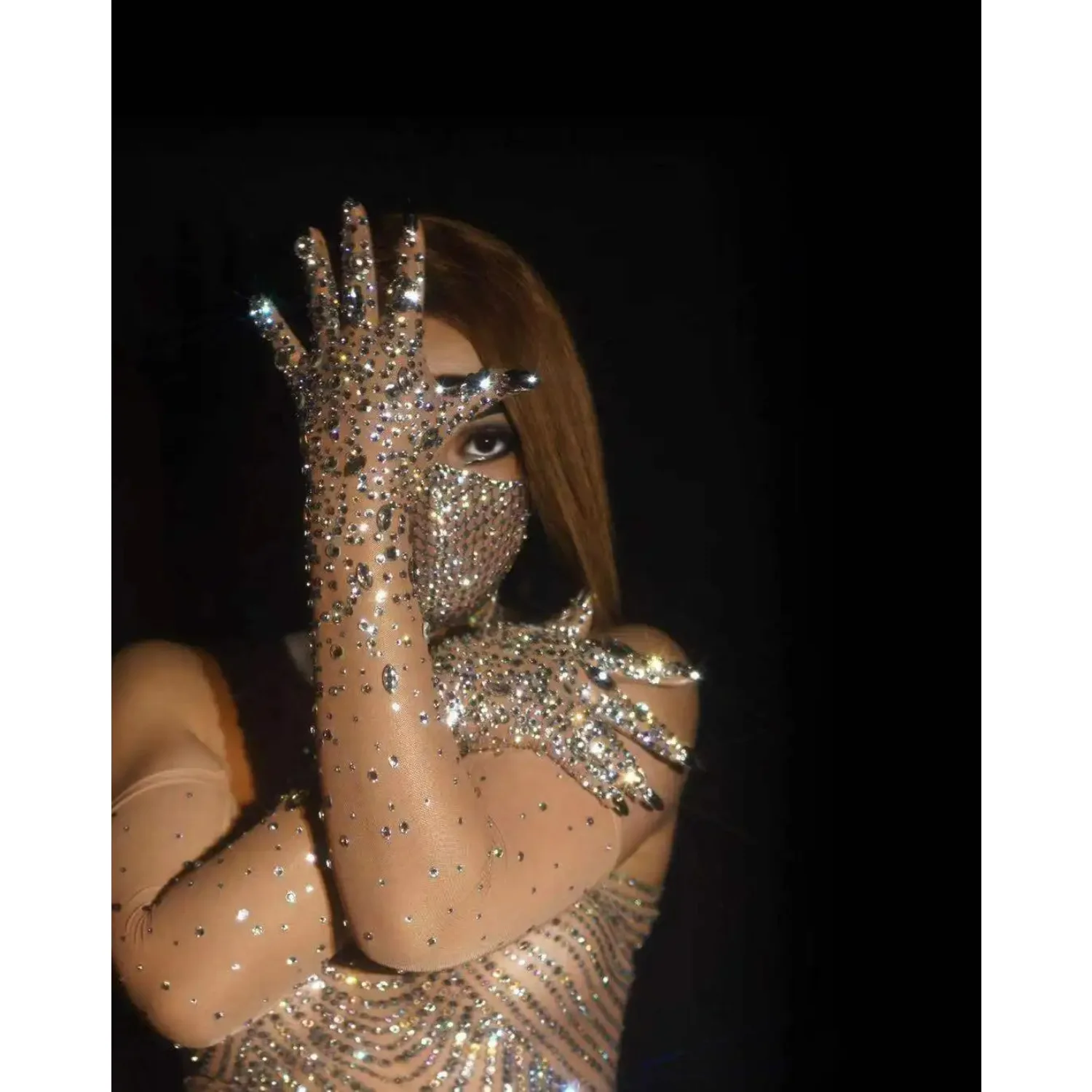 Women Sparkly Luxurious Stretch Rhinestones Long Gloves Crystal Mesh Gloves Dancer Singer Party Nightclub Stage Show Accessories